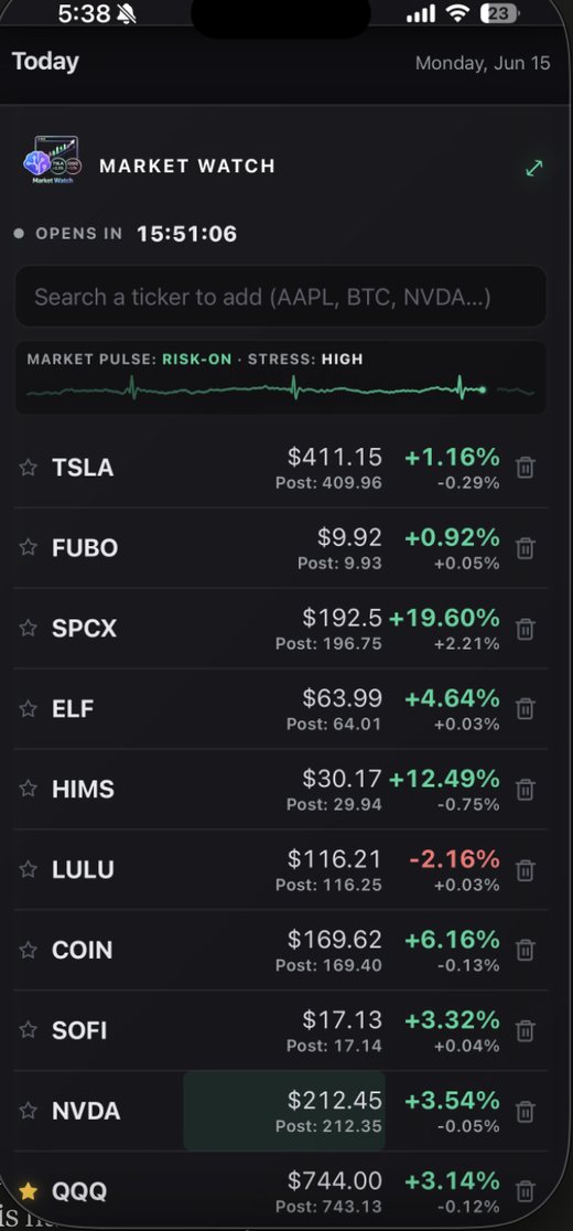 DailyHub Market Watch screen with live tickers